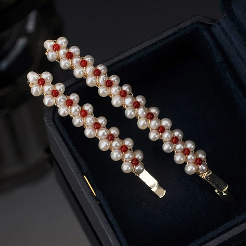 Elegant Pearl and Red Bead Hair Barrette